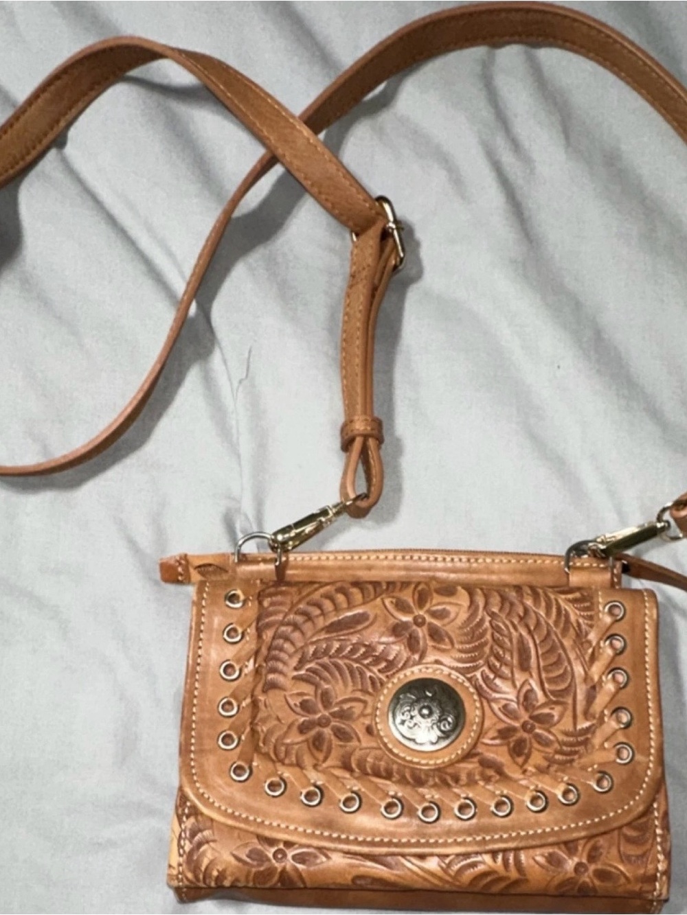 Hand-Tooled Tan Leather Crossbody Bag